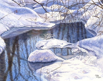 Winter Creek Art Watercolor Painting Print by Cathy Hillegas, 8x10, water reflections, snow landscape, blue, white, yellow,brown, purple