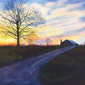 Sunset Barn Landscape watercolor print by Cathy Hillegas, 8x10 barn print, farm landscape art