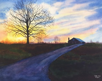 Sunset Barn Landscape watercolor print by Cathy Hillegas, 8x10 barn print, farm landscape art