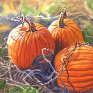 May include: Watercolor painting of three vibrant orange pumpkins with textured surfaces. The pumpkins are surrounded by green foliage and twisting vines, creating a natural, autumnal scene. The artwork captures the warm glow of sunlight.