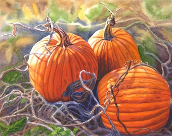 Pumpkin Watercolor Painting Print, Cathy Hillegas Art, 11x14 watercolor print, Pumpkin Decor