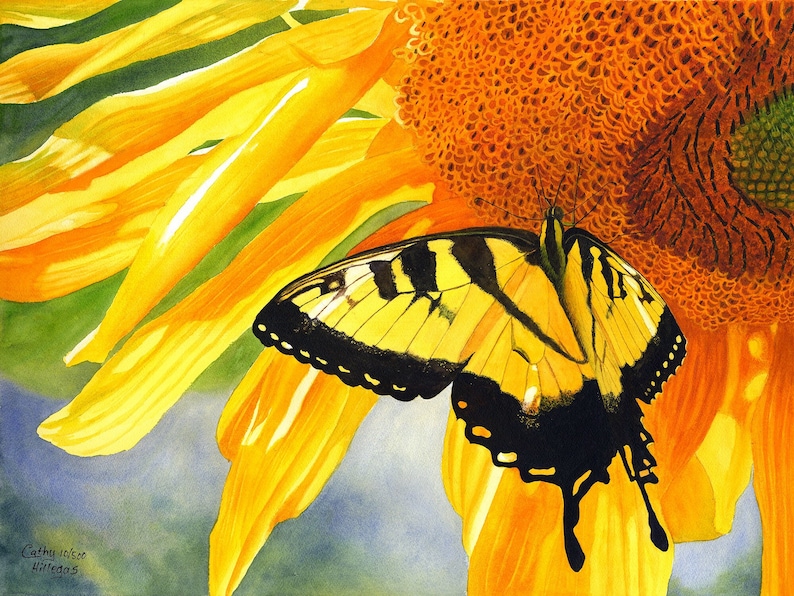 Yellow Butterfly Sunflower Watercolor Painting Print by Cathy Hillegas, 8x10 Tiger Swallowtail Print, Butterfly home decor, gifts for her image 1