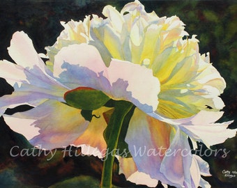 White Peony Art Watercolor Painting Print by Cathy Hillegas, flower watercolor, 12x16 watercolor print, peony wall art,  gifts for her