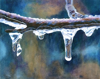 Watercolor Painting Print of Icicles by Cathy Hillegas, 12x 16 art print, contemporary art, winter art, watercolor print, blue cyan brown
