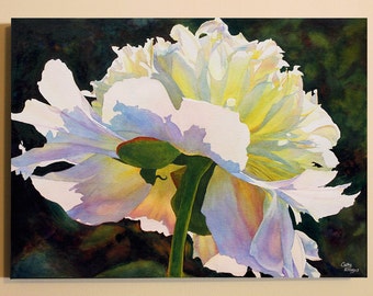 White Peony Canvas Art Watercolor Painting Print by Cathy Hillegas, 8x10 art, watercolor peony, watercolor print, gifts for mom