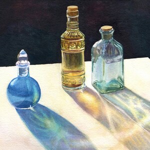 Glass Bottles art watercolor painting print by Cathy HIllegas, 8x10, watercolor still life print, blue gold teal art, gift under 30