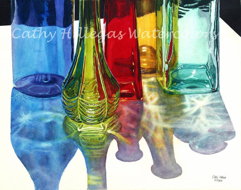 Glass Bottles in Sun art watercolor painting print, 11x14, Blue Green Red Yellow Teal, Cathy Hillegas, watercolor bottles, watercolor print image 1