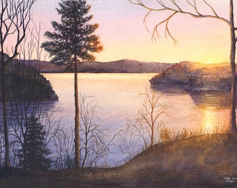 Lake Cumberland Sunrise Watercolor Painting Print by Cathy Hillegas, 11x14 lake landscape art, lake house decor