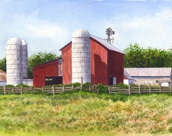Red Barn Art Watercolor Painting Print by Cathy Hillegas, 8x10 watercolor landscape print, farm art