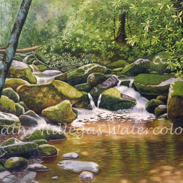 Roaring Fork, Smoky Mountains watercolor painting print by Cathy Hillegas, 16x21 landscape, waterfall art, mountain laurel art