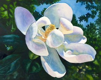 White Magnolia Watercolor Painting Print by Cathy Hillegas, 11x14 art print, floral watercolor print, watercolor flowers, gift for mom