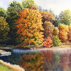 Autumn Landscape Watercolor Painting Print by Cathy Hillegas, 16x22, watercolor print, watercolor lake, watercolor trees,  landscape print