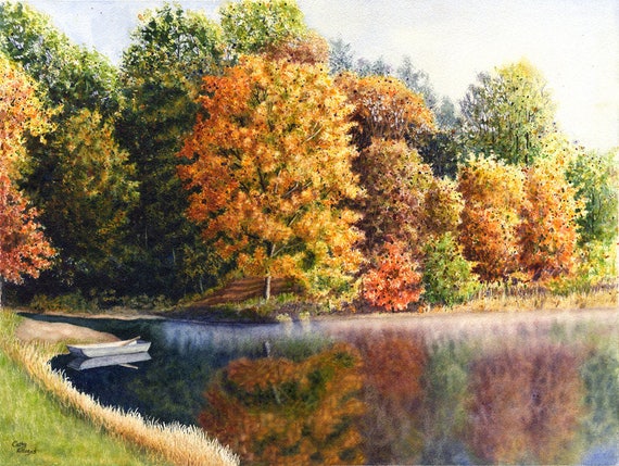 Paysage de lac en automne en peinture aquarelle originale