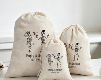 Personalized Gothic Wedding Favor Bag, Cotton Drawstring Goodie Bag, Skeleton Couple