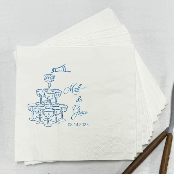 Personalisierte Servietten für den Hochzeitsempfang, kundenspezifische Champagner-Turm-Cocktailservietten, kundenspezifische Hochzeits-Cocktailservietten, Gelübde-Erneuerung