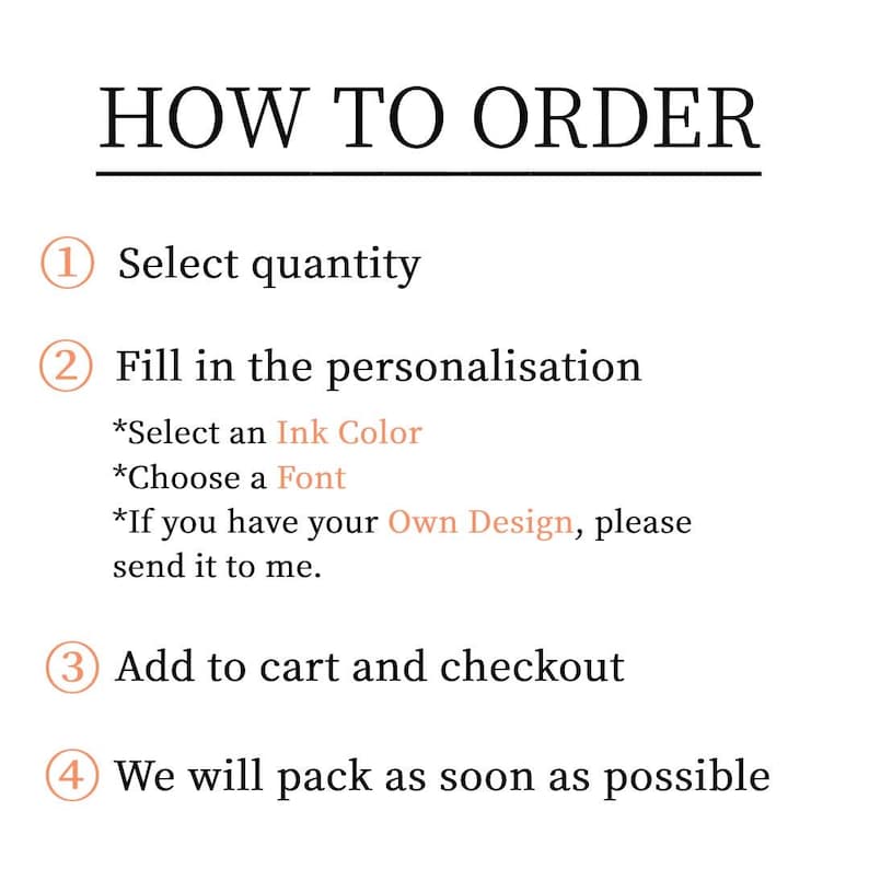 May include: A white background with black text detailing the ordering process. The text reads "HOW TO ORDER" followed by numbered steps: select quantity, fill in personalisation, add to cart, and checkout. The final step is packing.