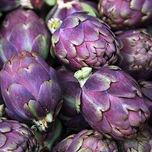 May include: A close-up of a group of purple artichokes. The artichokes are arranged in a pile, with some of them overlapping. The artichokes have a green and purple hue, and they are all closed up.