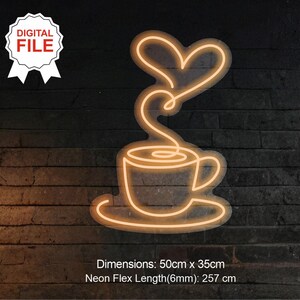 Puede incluir: Un letrero de neón de una taza de café con vapor en forma de corazón que sale de ella. El letrero mide 50 cm por 35 cm y el neón flexible mide 257 cm de largo.