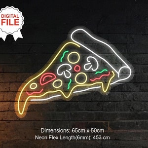 May include: A neon sign of a pizza slice with toppings in yellow, red, green, and white. The sign is 65 cm by 50 cm and has a neon flex length of 453 cm.