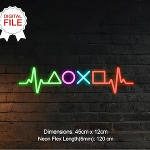 May include: Neon sign displaying a green heartbeat line and PlayStation controller symbols in green, pink, and blue. The sign is mounted on a dark brick wall. Dimensions are 45cm x 12cm, with a neon flex length of 120 cm.