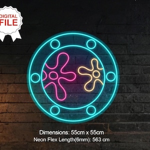 May include: Neon sign design featuring two pink and yellow stylized flowers inside a blue circle with eight smaller circles around the edge. The sign is 55 inches by 55 inches and requires 563 inches of neon flex.