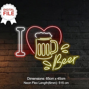 Peut inclure: Enseigne au néon avec un cœur rouge et une chope à bière, avec le texte "I Love Beer". L'enseigne mesure 65 cm sur 45 cm et a une longueur de néon flexible de 515 cm.