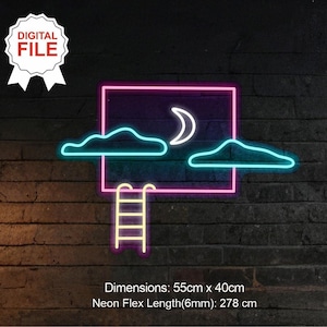 Peut inclure: Enseigne au néon avec un croissant de lune, des nuages et une échelle. L'enseigne est rose, bleue et jaune. Dimensions : 55 cm x 40 cm. Longueur du néon flexible (6 mm) : 278 cm.