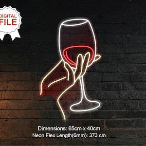 May include: Neon sign of a hand holding a glass of red wine. The sign is 65cm by 40cm and requires 373cm of neon flex.