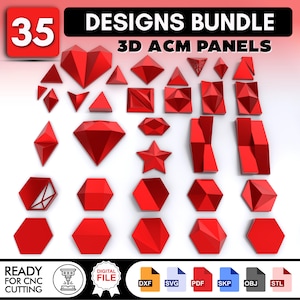 Peut inclure: Un ensemble numérique de 35 panneaux 3D ACM rouges présentant diverses formes géométriques dont des cœurs, étoiles, diamants et hexagones. L'image contient le texte 35 DESIGNS BUNDLE 3D ACM PANELS, READY FOR CNC CUTTING, et les formats DXF, SVG, PDF, SKP, OBJ, STL.
