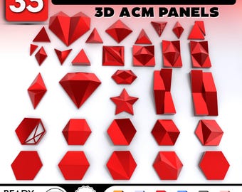 May include: A digital bundle of 35 red 3D ACM panels featuring various geometric shapes including hearts, stars, diamonds, and hexagons. The image includes text reading 35 DESIGNS BUNDLE 3D ACM PANELS, READY FOR CNC CUTTING, and file formats DXF, SVG, PDF, SKP, OBJ, STL.