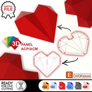 May include: A red, geometric heart design, with a 3D panel ACP/ACM label. The image includes a digital file badge and the text "READY FOR CNC CUTTING". Various file formats are shown, including DXF, SVG, PDF, SKP, OBJ, and STL.