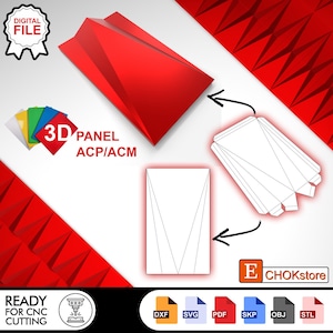 Peut inclure: Image numérique d'un panneau 3D rouge avec le texte "3D PANEL ACP/ACM". L'image comprend des icônes de formats de fichiers DXF, SVG, PDF, SKP, OBJ et STL, ainsi que le texte "READY FOR CNC CUTTING".