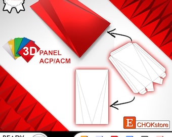 May include: A digital file graphic featuring a red 3D panel design, with the text "3D PANEL ACP/ACM". The image includes file format icons for DXF, SVG, PDF, SKP, OBJ, and STL, and the text "READY FOR CNC CUTTING".