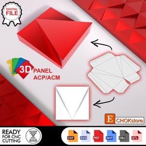 May include: A digital file for a 3D panel ACP/ACM design featuring a red geometric triangular pattern. The image displays a flat white template, a folded red panel, and a finished red wall section. Includes file formats DXF, SVG, PDF, SKP, OBJ, and STL.