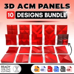 May include: A collection of red 3D ACM panels in various geometric designs. The image includes the text "3D ACM PANELS" and "10 DESIGNS BUNDLE". The panels are ready for CNC cutting and are available in DXF, SVG, PDF, SKP, OBJ, and STL formats.