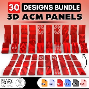 May include: A digital collection of 30 red 3D ACM panel designs for CNC cutting. The image displays various geometric patterns and textures, with file format icons for DXF, SVG, PDF, SKP, OBJ, and STL included at the bottom of the graphic.