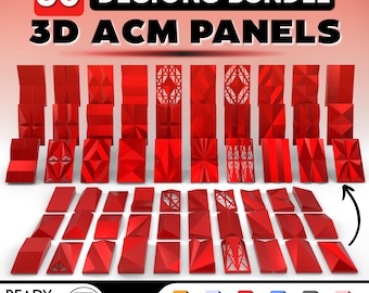 May include: A digital collection of 30 red 3D ACM panel designs for CNC cutting. The image displays various geometric patterns and textures, with file format icons for DXF, SVG, PDF, SKP, OBJ, and STL included at the bottom of the graphic.