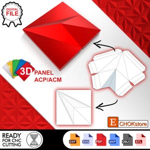 May include: A red 3D panel design with the text "3D PANEL ACP/ACM" and "READY FOR CNC CUTTING". The image includes a digital file badge and various file format icons, including DXF, SVG, PDF, SKP, OBJ, and STL.