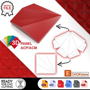 Könnte beinhalten: Ein rotes 3D-Panel mit geometrischem Design, beschriftet mit "3D PANEL ACP/ACM". Das Bild enthält ein digitales Dateisymbol und verschiedene Dateiformatsymbole, darunter DXF, SVG, PDF, SKP, OBJ und STL. Der Text "READY FOR CNC CUTTING" ist ebenfalls vorhanden.
