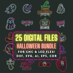 May include: A collection of Halloween-themed digital files, including ghosts, bats, pumpkins, and witch hats. The image features the text "25 DIGITAL FILES HALLOWEEN BUNDLE" and file formats: DXF, SVG, AI, EPS, CDR. The designs are outlined in neon colors.
