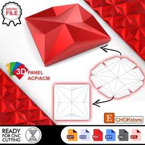 May include: A digital file for a 3D panel featuring a geometric red design. The image displays a red faceted square panel, a flat white template with fold lines, and a repeating red pattern. Includes file formats DXF, SVG, PDF, SKP, OBJ, and STL.