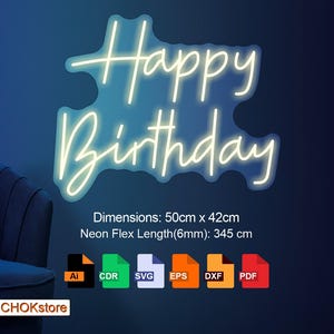 Neon Flex Schild "Happy Birthday" Schild SVG-Datei, Vektor, Design, SVG, cdr, dxf, pdf, ai, Datei für Laser- und CNC-Fräser