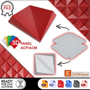 May include: A red 3D panel in a diamond shape, with the text "3D PANEL ACP/ACM". The image also shows a white and gray panel, and various file format icons. The words "DIGITAL FILE" are also visible.