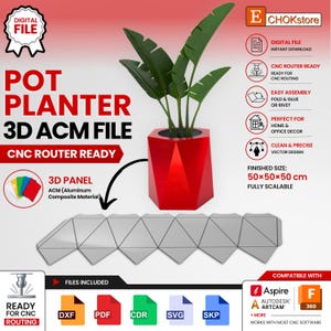 Peut inclure: Un fichier numérique pour un pot de fleurs 3D en matériau composite aluminium. Le design présente un pot rouge à facettes géométriques avec une plante et un modèle plat gris. Le texte inclut POT PLANTER 3D ACM FILE et 50x50x50 cm.