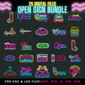 May include: A bundle of 25 digital neon "Open" signs in diverse styles, such as a coffee cup, burger, and barber pole. The signs are in bright colours and feature the word "Open" and "Welcome". The image also includes the text "25 DIGITAL FILES OPEN SIGN BUNDLE".