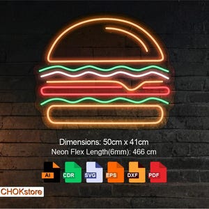 May include: Neon sign of a hamburger with orange, red, green, and white lights. The sign is 50 cm by 41 cm and has a neon flex length of 466 cm. The image includes the file types AI, CDR, SVG, EPS, DXF, and PDF.