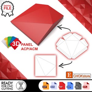 May include: A red, geometric 3D panel design, with the text "3D PANEL ACP/ACM". The image includes a digital file icon and file format icons for DXF, SVG, PDF, SKP, OBJ, and STL. The design is ready for CNC cutting.
