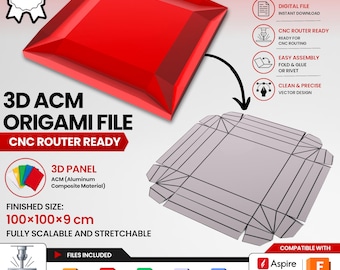 May include: A digital file for a 3D ACM origami panel, featuring a red finished square panel and a grey flat template with fold lines. Text includes 3D ACM ORIGAMI FILE, CNC ROUTER READY, and a finished size of 100x100x9 cm. Includes DXF, PDF, CDR, SVG, and SKP file icons.