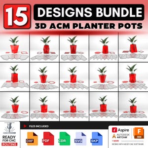 Peut inclure: Un ensemble numérique de 15 modèles de pots de fleurs 3D ACM avec des contenants géométriques rouges et des plantes vertes. L'image montre des mises en page à plat, des icônes de fraisage CNC et des logos de formats DXF, PDF, CDR, SVG et SKP.