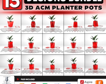 May include: A digital bundle of 15 3D ACM planter pot designs featuring red geometric containers with green plants. The image displays flat pattern layouts, CNC routing icons, and file format logos including DXF, PDF, CDR, SVG, and SKP for software.